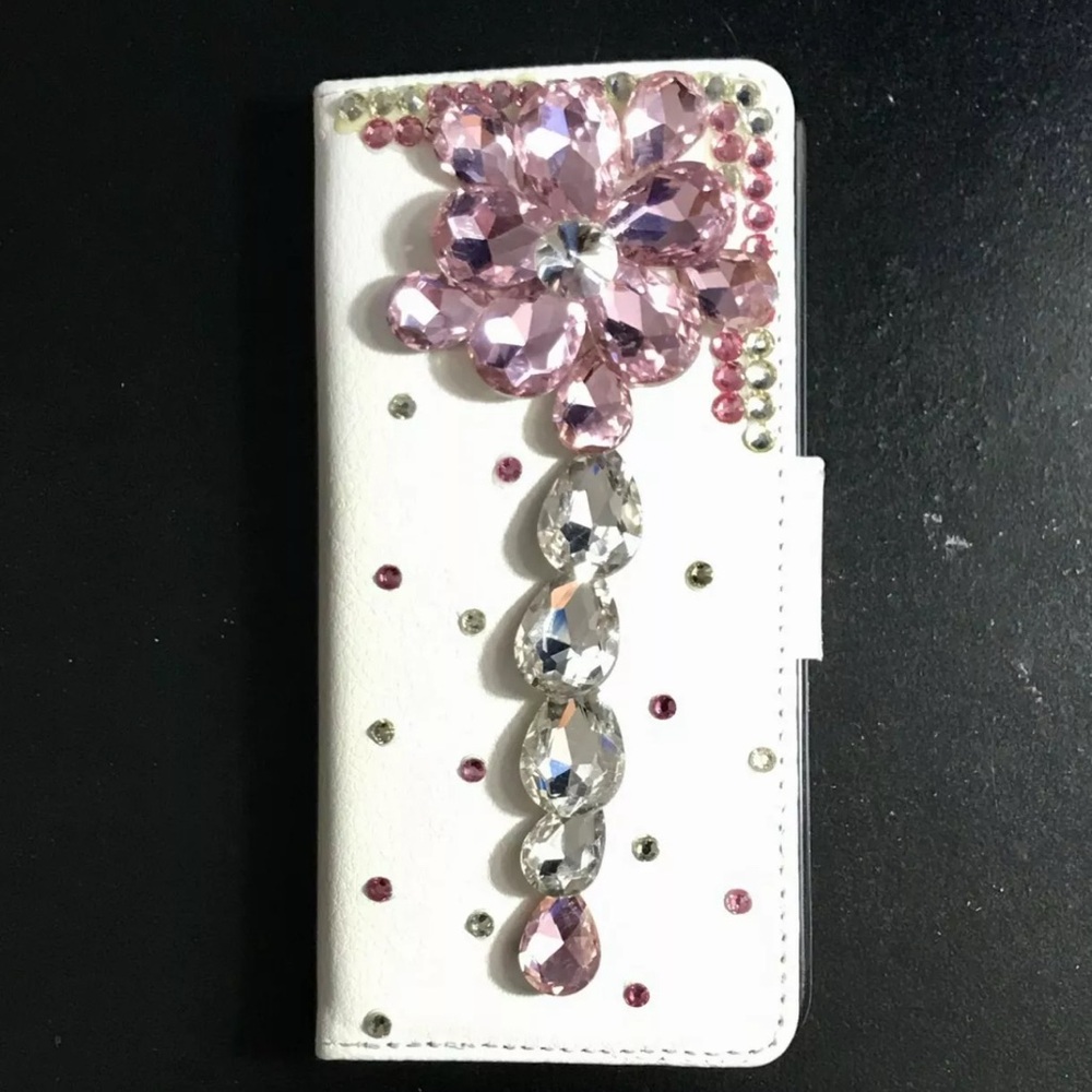 Pink Flower Crystal Diamond Flip White Leather Wallet Case for iPod Touch 5/6